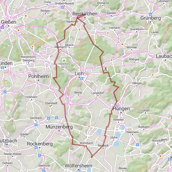 Map miniature of "Burkhardsfelden - Platte - Wüstung Hausen - Wohnbach - Kloster Arnsburg - Reiskirchen" cycling inspiration in Gießen, Germany. Generated by Tarmacs.app cycling route planner