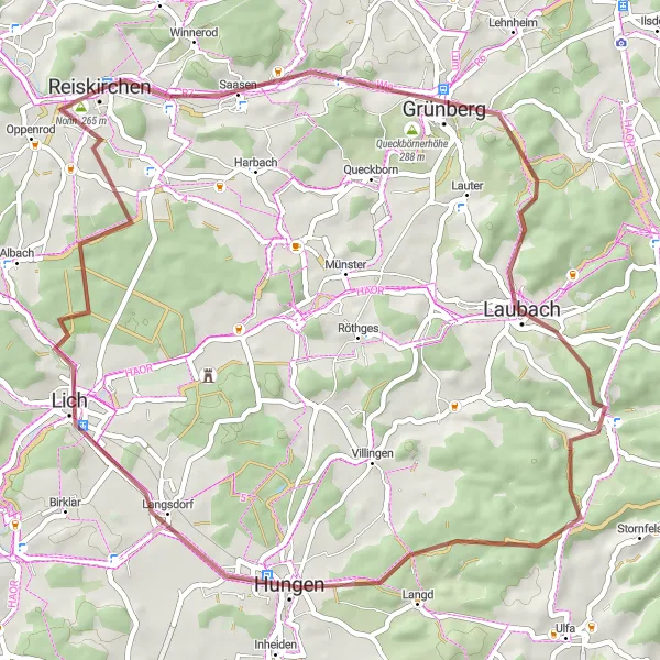 Map miniature of "Reiskirchen - Kirschberg - Grünberg - SteinbacherKopf - Hungen - Lich - Platte - Reiskirchen" cycling inspiration in Gießen, Germany. Generated by Tarmacs.app cycling route planner