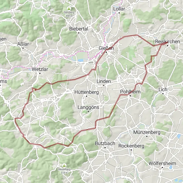 Map miniature of "Nonn - Pohlheim - Kirch-Göns - Schorn - Schwalbach - Stoppelberg - Gießen - Rödgen" cycling inspiration in Gießen, Germany. Generated by Tarmacs.app cycling route planner