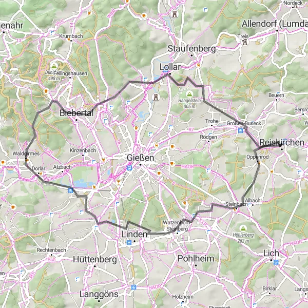 Map miniature of "The Nonn Loop" cycling inspiration in Gießen, Germany. Generated by Tarmacs.app cycling route planner
