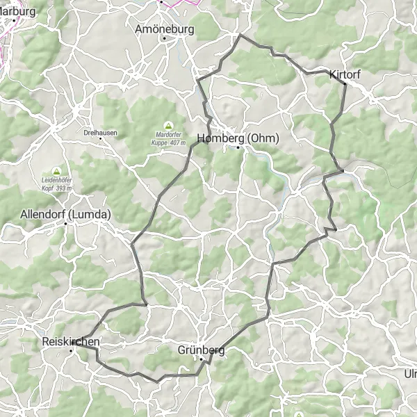Map miniature of "The Reiskirchen Discovery" cycling inspiration in Gießen, Germany. Generated by Tarmacs.app cycling route planner