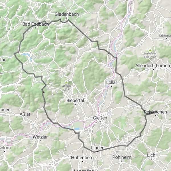 Map miniature of "The Ultimate Challenge" cycling inspiration in Gießen, Germany. Generated by Tarmacs.app cycling route planner