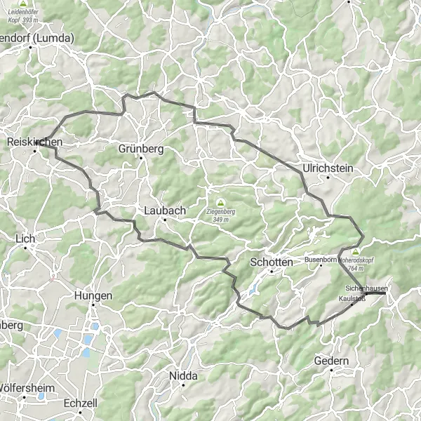 Map miniature of "Reiskirchen - Nonn - Beltershain - Ilsdorf - Bobenhausen II - Taufstein - Herchenhain - Auerberg - Eichberg - Ettingshausen" cycling inspiration in Gießen, Germany. Generated by Tarmacs.app cycling route planner