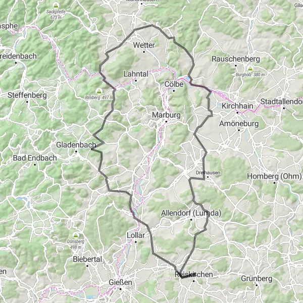 Map miniature of "Reiskirchen - Nonn - Burg Staufenburg - Fronhausen - Lohra - Stackelberg - Großer Heimbergkopf - Oberrosphe - Hoheberg - Wittelsberger Warte - Dreihausen - Allertshausen - Kaulsköppel" cycling inspiration in Gießen, Germany. Generated by Tarmacs.app cycling route planner