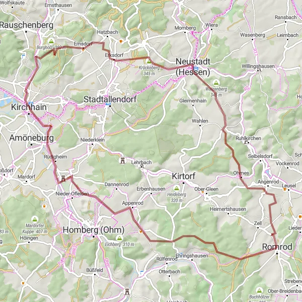 Map miniature of "Romrod - Maulbach - Kreuzwartküppel - Kirchhain - Emsdorf - Krückeberg - Waizenberg - Romrod" cycling inspiration in Gießen, Germany. Generated by Tarmacs.app cycling route planner