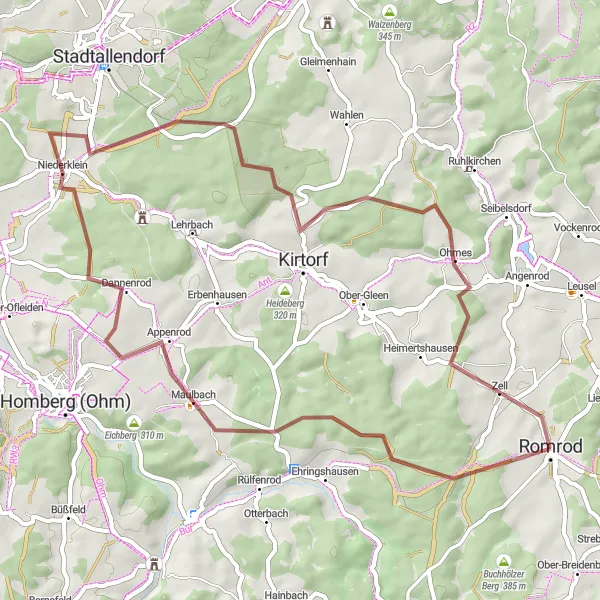 Map miniature of "Romrod Countryside Gravel" cycling inspiration in Gießen, Germany. Generated by Tarmacs.app cycling route planner