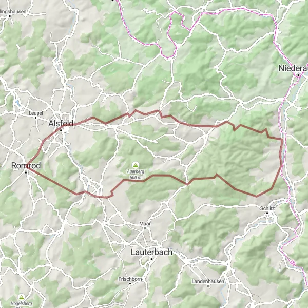 Map miniature of "Romrod Gravel Adventure" cycling inspiration in Gießen, Germany. Generated by Tarmacs.app cycling route planner