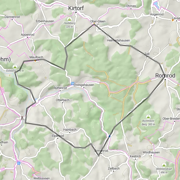 Map miniature of "Romrod Loop" cycling inspiration in Gießen, Germany. Generated by Tarmacs.app cycling route planner