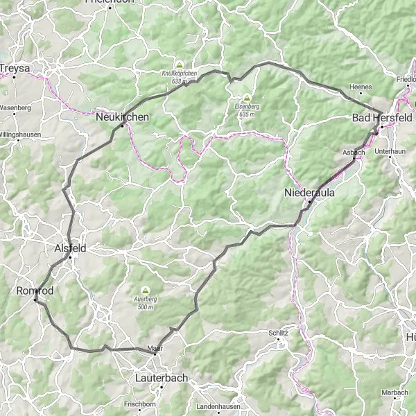 Map miniature of "Romrod Epic Ride" cycling inspiration in Gießen, Germany. Generated by Tarmacs.app cycling route planner