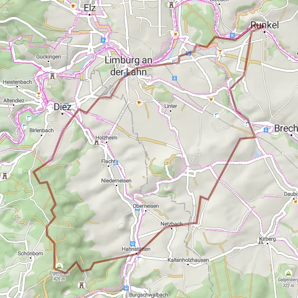 Map miniature of "Gravel Adventure through Forests and Meadows" cycling inspiration in Gießen, Germany. Generated by Tarmacs.app cycling route planner