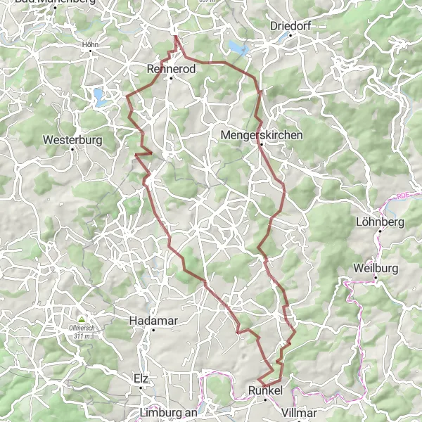 Map miniature of "The Valleys and Hills Loop" cycling inspiration in Gießen, Germany. Generated by Tarmacs.app cycling route planner