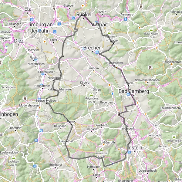 Map miniature of "Runkel and the Royal Memorial" cycling inspiration in Gießen, Germany. Generated by Tarmacs.app cycling route planner