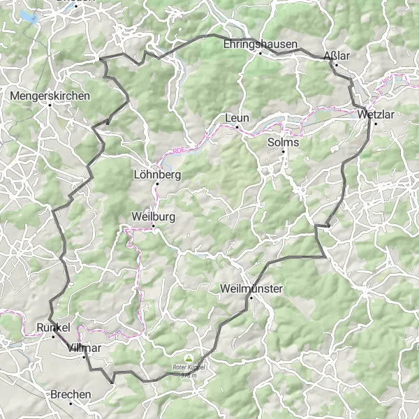 Map miniature of "Challenge and Beauty on the Long Haul" cycling inspiration in Gießen, Germany. Generated by Tarmacs.app cycling route planner