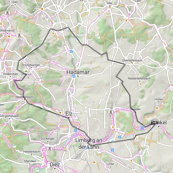 Map miniature of "Historic Towns and Scenic Landscapes" cycling inspiration in Gießen, Germany. Generated by Tarmacs.app cycling route planner