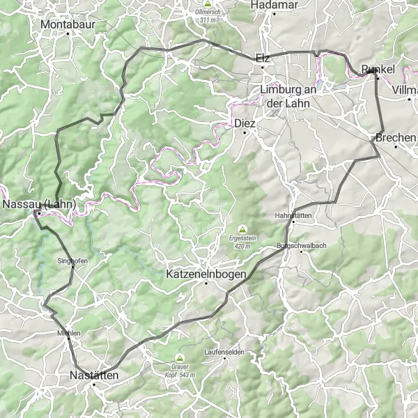 Map miniature of "The Heart of Taunus Loop" cycling inspiration in Gießen, Germany. Generated by Tarmacs.app cycling route planner