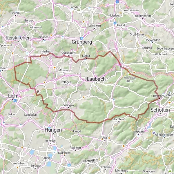 Map miniature of "Countryside Delights Near Schotten" cycling inspiration in Gießen, Germany. Generated by Tarmacs.app cycling route planner