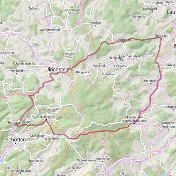 Karten-Miniaturansicht der Radinspiration "Gravelrunde um Schotten" in Gießen, Germany. Erstellt vom Tarmacs.app-Routenplaner für Radtouren