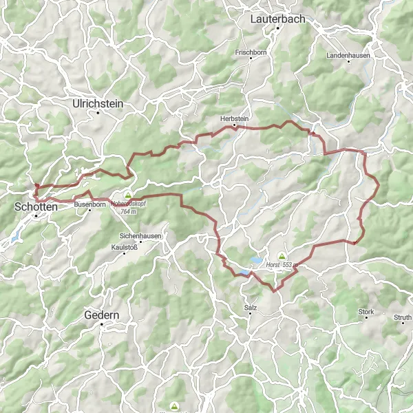 Map miniature of "Gravel Adventure in Schotten" cycling inspiration in Gießen, Germany. Generated by Tarmacs.app cycling route planner