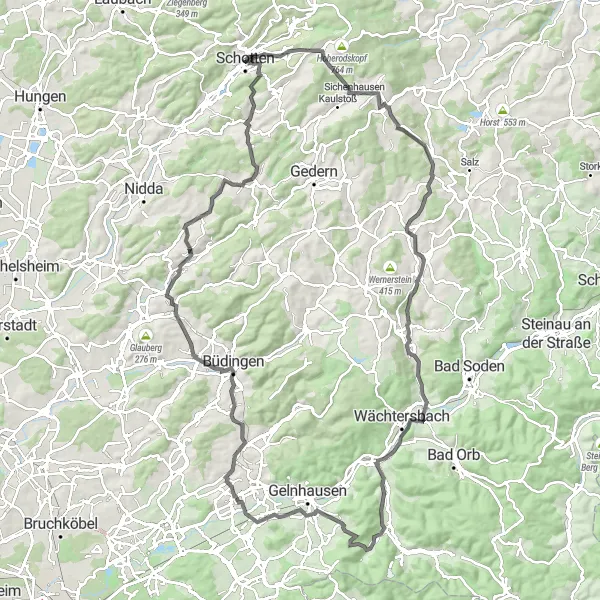 Map miniature of "Cycling Adventure in the Schotten Hills" cycling inspiration in Gießen, Germany. Generated by Tarmacs.app cycling route planner