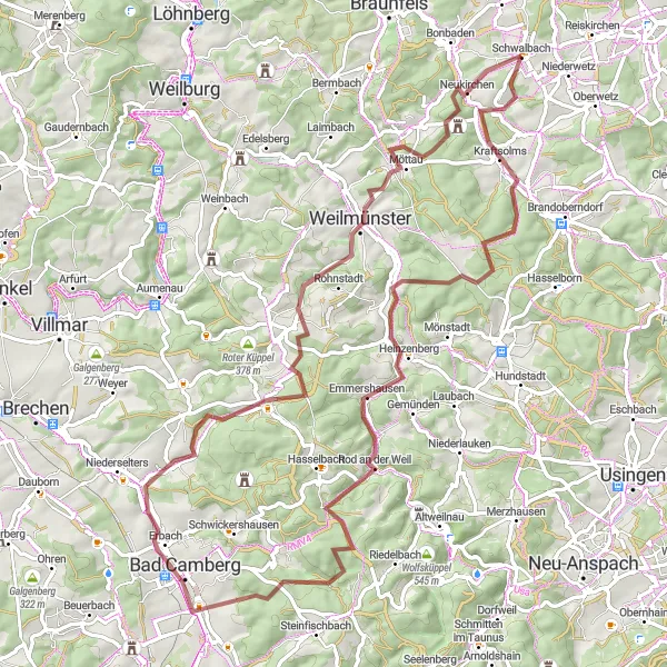 Map miniature of "Schwalbach - Niederquembach - Heidenkopf - Hardtküppel - Rod an der Weil - Totenkopf - Erbach - Wachhecke - Weilmünster - Kanzel" cycling inspiration in Gießen, Germany. Generated by Tarmacs.app cycling route planner