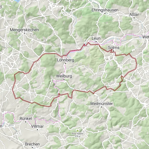 Map miniature of "Exploring the Lahn Valley" cycling inspiration in Gießen, Germany. Generated by Tarmacs.app cycling route planner