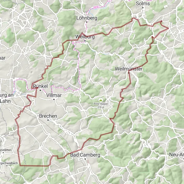 Map miniature of "Mountainous Hinterland" cycling inspiration in Gießen, Germany. Generated by Tarmacs.app cycling route planner