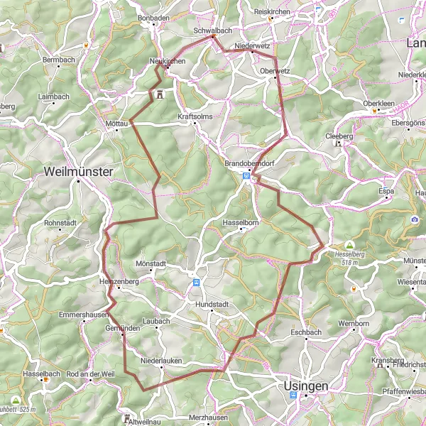 Map miniature of "Enchanting Taunus Loop" cycling inspiration in Gießen, Germany. Generated by Tarmacs.app cycling route planner