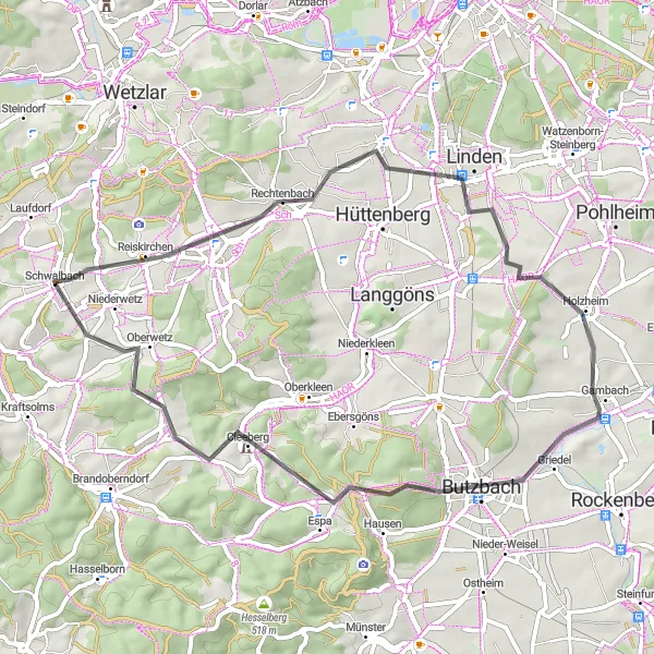 Map miniature of "Schwalbach - Rechtenbach - Gambach - Butzbach - Cleebaum - Oberwetz" cycling inspiration in Gießen, Germany. Generated by Tarmacs.app cycling route planner