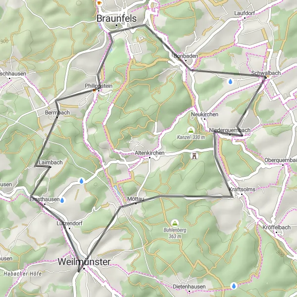 Map miniature of "Schwalbach - Buhlenberg - Weilmünster - Braunfels" cycling inspiration in Gießen, Germany. Generated by Tarmacs.app cycling route planner
