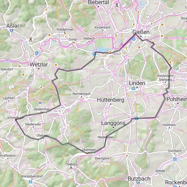 Map miniature of "Schwalbach - Stoppelberg - Münchholzhausen - Gießen - Lang-Göns - Schals Berg - Oberwetz" cycling inspiration in Gießen, Germany. Generated by Tarmacs.app cycling route planner