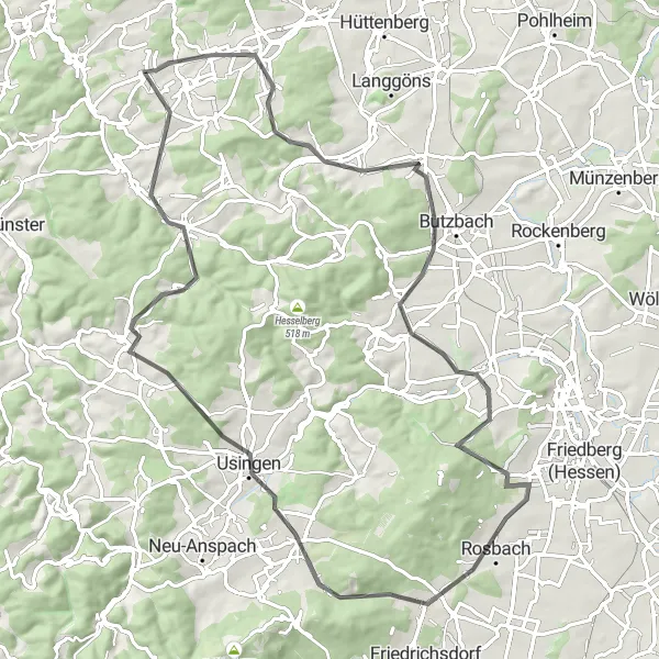 Map miniature of "Schwalbach - Vollnkirchen - Schals Berg - Kulmond - Ober-Mörlen - Bornberg - Wehrheim - Hoheberg - Grävenwiesbach - Oberquembach" cycling inspiration in Gießen, Germany. Generated by Tarmacs.app cycling route planner