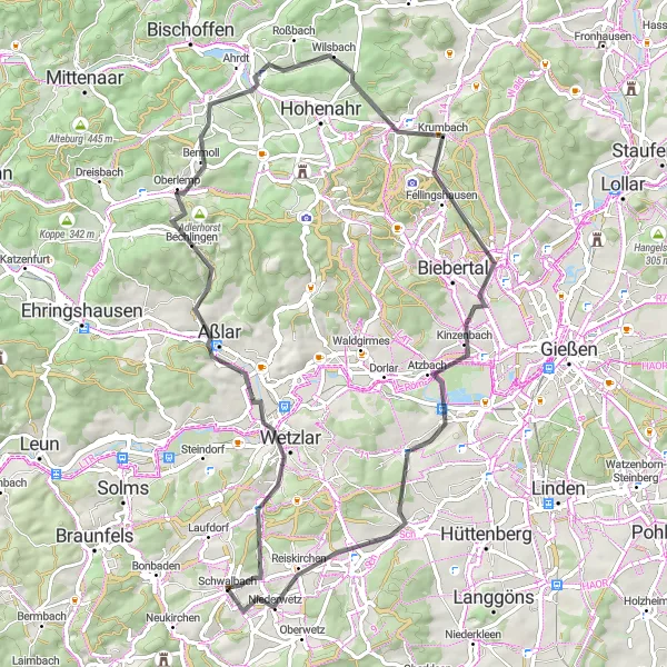 Map miniature of "Wilder Stein and Wetzlar Route" cycling inspiration in Gießen, Germany. Generated by Tarmacs.app cycling route planner