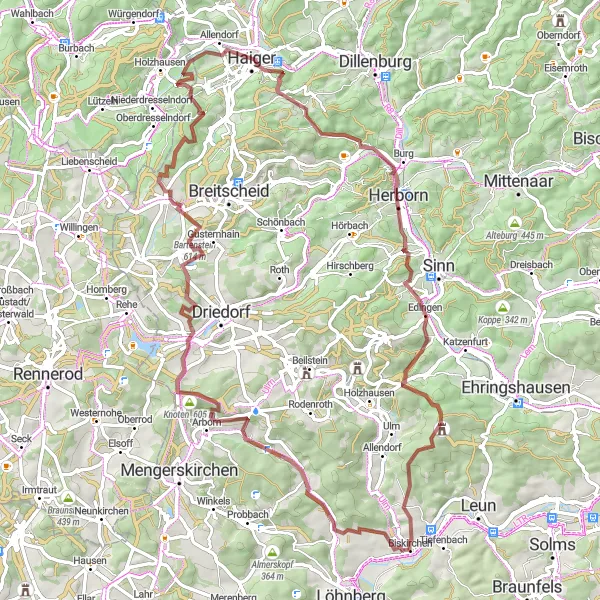 Map miniature of "Scenic Gravel Loop via Knoten" cycling inspiration in Gießen, Germany. Generated by Tarmacs.app cycling route planner