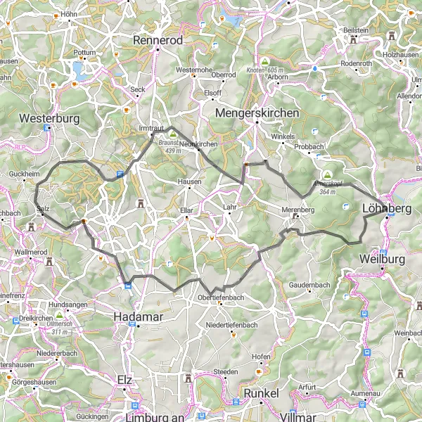 Map miniature of "Picturesque Road Cycling Route via Löhnberg" cycling inspiration in Gießen, Germany. Generated by Tarmacs.app cycling route planner