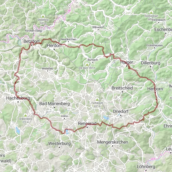 Karten-Miniaturansicht der Radinspiration "Abenteuerliche Gravel-Expedition" in Gießen, Germany. Erstellt vom Tarmacs.app-Routenplaner für Radtouren