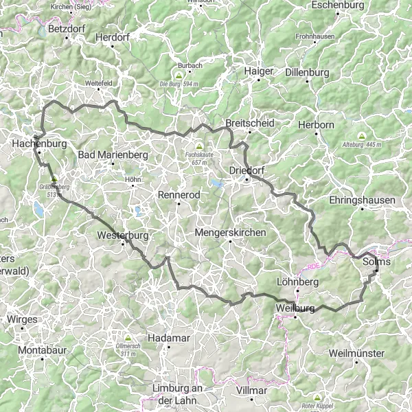 Map miniature of "Road Adventure to Weilburg and Dornburg" cycling inspiration in Gießen, Germany. Generated by Tarmacs.app cycling route planner