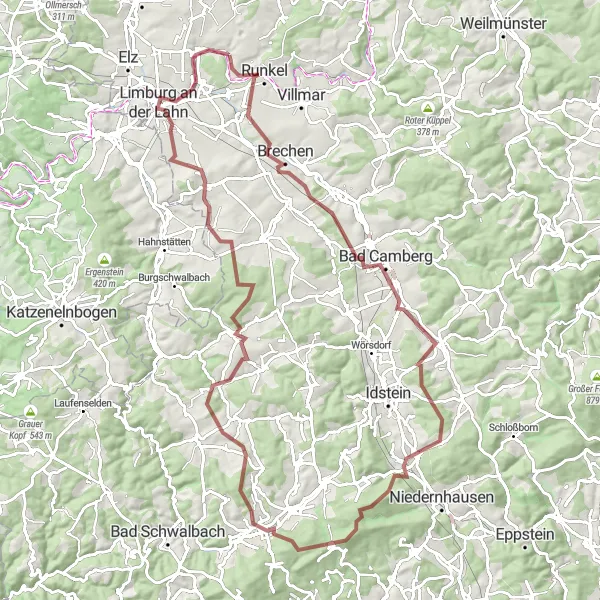 Map miniature of "Epic Gravel Cycling Route with Burg Runkel and Limburg an der Lahn" cycling inspiration in Gießen, Germany. Generated by Tarmacs.app cycling route planner