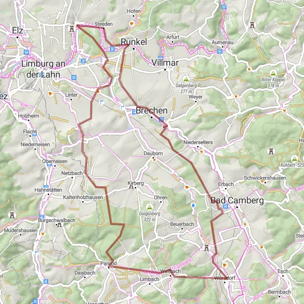 Map miniature of "Gravel Cycling Route with Schloss Dehrn" cycling inspiration in Gießen, Germany. Generated by Tarmacs.app cycling route planner