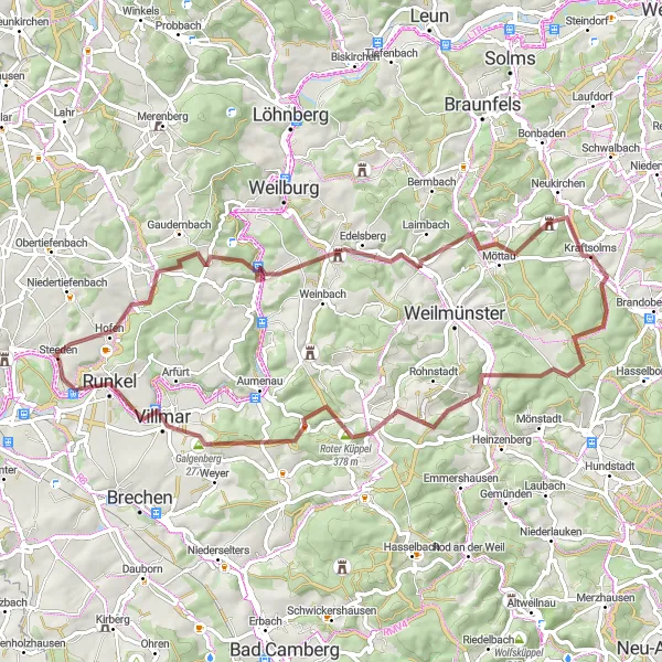 Map miniature of "Hidden Gems of the Lahn Valley" cycling inspiration in Gießen, Germany. Generated by Tarmacs.app cycling route planner