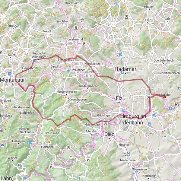 Map miniature of "Gravel Cycling Route with Limburg an der Lahn" cycling inspiration in Gießen, Germany. Generated by Tarmacs.app cycling route planner