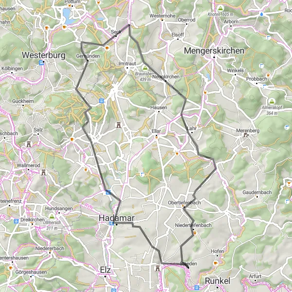Map miniature of "Scenic Valleys and Historic Architecture" cycling inspiration in Gießen, Germany. Generated by Tarmacs.app cycling route planner