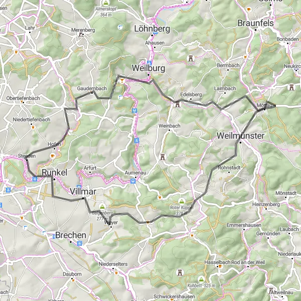 Map miniature of "The Picturesque Villages and Hills" cycling inspiration in Gießen, Germany. Generated by Tarmacs.app cycling route planner