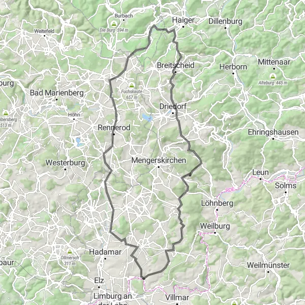 Map miniature of "Road Cycling Route to Burg Waldmannshausen" cycling inspiration in Gießen, Germany. Generated by Tarmacs.app cycling route planner