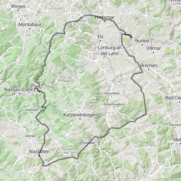 Map miniature of "The Taunus Hills and Rhine Valley" cycling inspiration in Gießen, Germany. Generated by Tarmacs.app cycling route planner