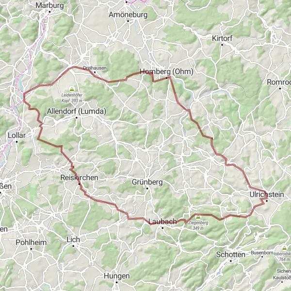 Map miniature of "Gravel Adventure: Ulrichstein to Gemünden" cycling inspiration in Gießen, Germany. Generated by Tarmacs.app cycling route planner