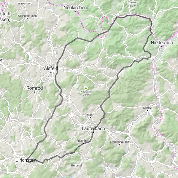 Map miniature of "Ulrichstein and Meiches Cycling Tour" cycling inspiration in Gießen, Germany. Generated by Tarmacs.app cycling route planner