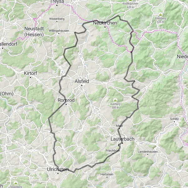 Map miniature of "Ultimate Road Challenge: Ulrichstein Century Ride" cycling inspiration in Gießen, Germany. Generated by Tarmacs.app cycling route planner