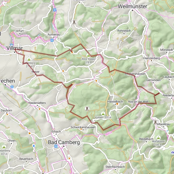 Map miniature of "Villmar Gravel Ride" cycling inspiration in Gießen, Germany. Generated by Tarmacs.app cycling route planner