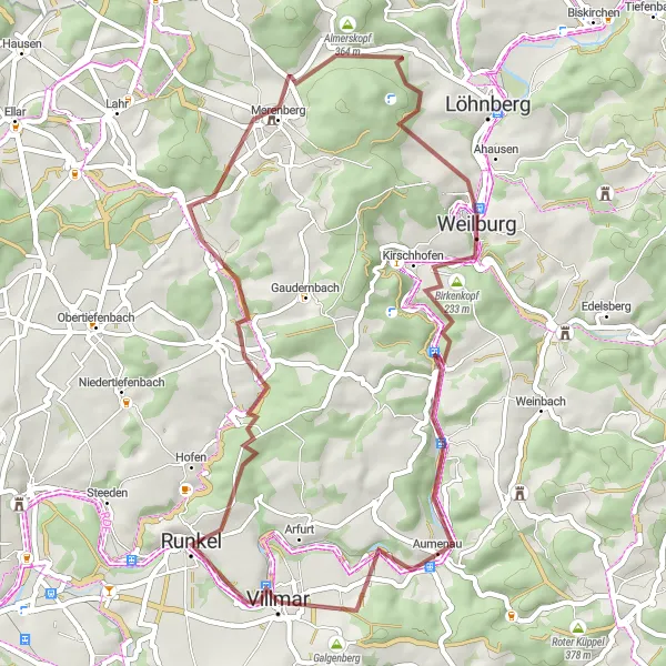 Karten-Miniaturansicht der Radinspiration "Gravel-Tour durch Villmar und Umgebung" in Gießen, Germany. Erstellt vom Tarmacs.app-Routenplaner für Radtouren