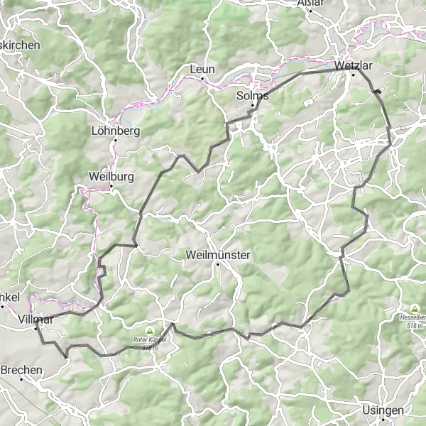 Map miniature of "Exploring the Scenic Routes: Villmar Edition" cycling inspiration in Gießen, Germany. Generated by Tarmacs.app cycling route planner